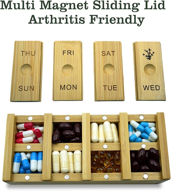 7-Day Bamboo Weekly Pill Organizer for Medicine Supplement, Arthritis Friendly Wood Pill Case Box for Vitamin, Daily Portable Travel Pill Holder Dispenser Container Keeper