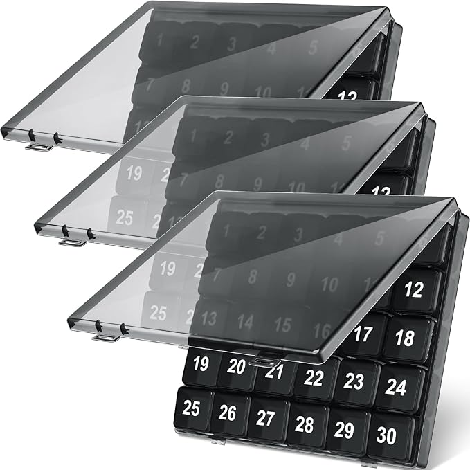 Bokon 3 Pcs Monthly Pill Organizer - 30 Day Medicine Box, 4 Weeks Storage Container, Once a Day Medication Dispenser for Travel, Black