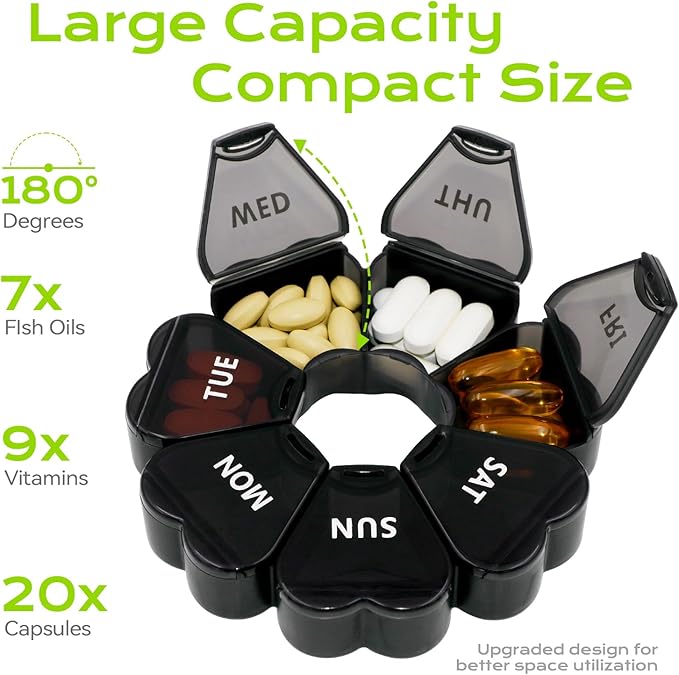 Pill Organizer Weekly - Cute Medicine Pill Organizer 7 Day, Large Daily Pill Box for Travel, SHIJOINYU Pill Dispenser Case 1 Time a Day for Medication/Supplement/Fish Oil (Black)