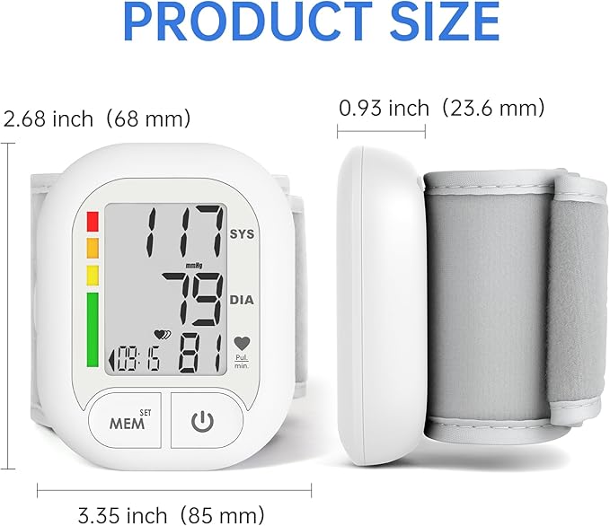 Blood Pressure Monitor Adjustable Wrist Cuff for Home Use Automatic BP Machine Large Digital LCD Display 199 Memory Batteries Included with Carrying Case, White