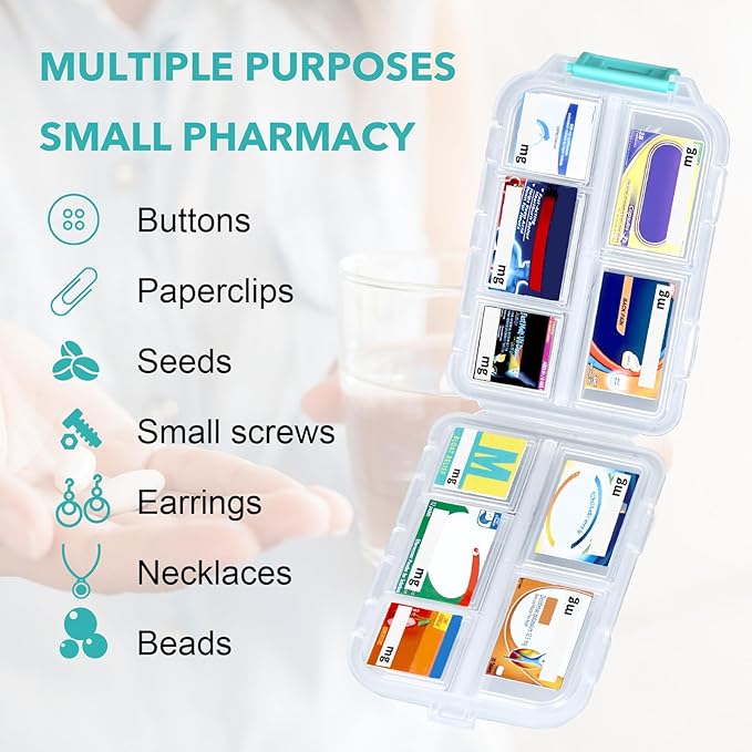 Pill Organizer Travel with 189 Medicine Labels, 10 Compartments Pill Container Travel Pill Box Purse Pill Case Compact Pill Organizer (White, 1 Pack)