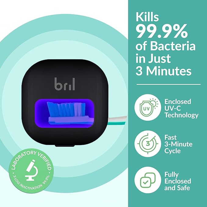 Bril UV-C Toothbrush Sanitizer and Holder, Portable Cleaner, Travel Cover, Magnetic Holder, and Rechargeable Case for Any Size Toothbrush, Black