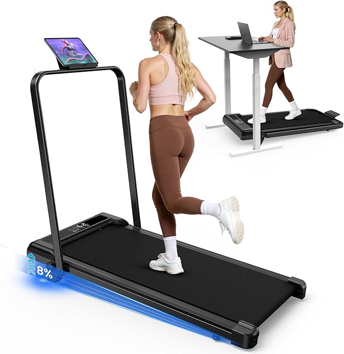 2 in 1 Walking Pad with Handle Bars, 8% Incline Foldable Treadmills for Home Office Ultra Quiet <40dB, 3.5 HP Portable Walking Jogging Running Machine with LED Display & Remote, 320+LB Capacity