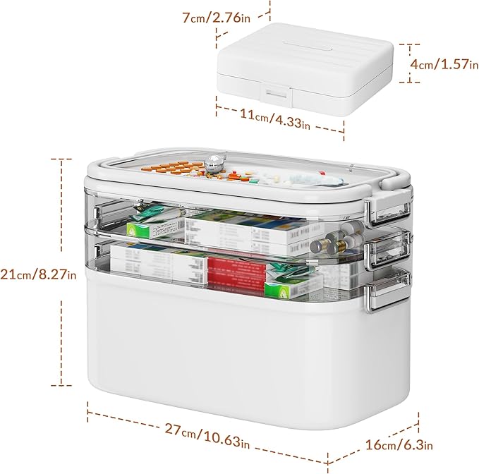 NiHome Home & Travel 4-Tier Medicine Storage Box with Portable Pill Case, Durable Adjustable Compartments, Moisture-Resistant Lid, Secure Handles for Pill Organization, Vitamins, Supplements (White)