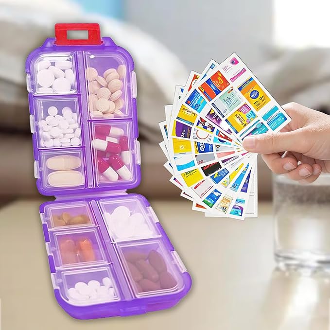 INVODA 7-Day Pill Organizer with Medicine Labels Travel Pill Case Compact, Portable Medication Organizer for Daily Use (3.7 x 2.4 x 1.18 Inches)