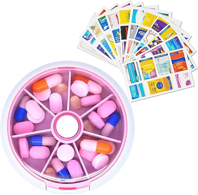 7 Grids Travel Pill Organizer Box 84-Pcs Medicine Name Labels Weekly 7-Day Pill Case Portable Medication Dispenser for Vitamins, Fish Oil & Supplements