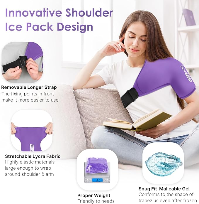 Comfitech Shoulder Ice Pack Wrap Sleeve for Better Putting On & Off, Reusable Gel Cold Pad for Arm, Medium, Purple