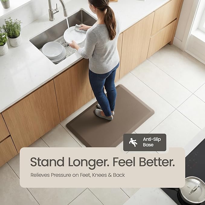 Anti Fatigue Kitchen Mats for Floor | Padded Kitchen Rugs | Non Slip, Cushioned Standing Desk Mat | Waterproof Floor Mat for Home and Office | 17.3" x 28" X 0.47", Brown, 1-Pack | More Décor