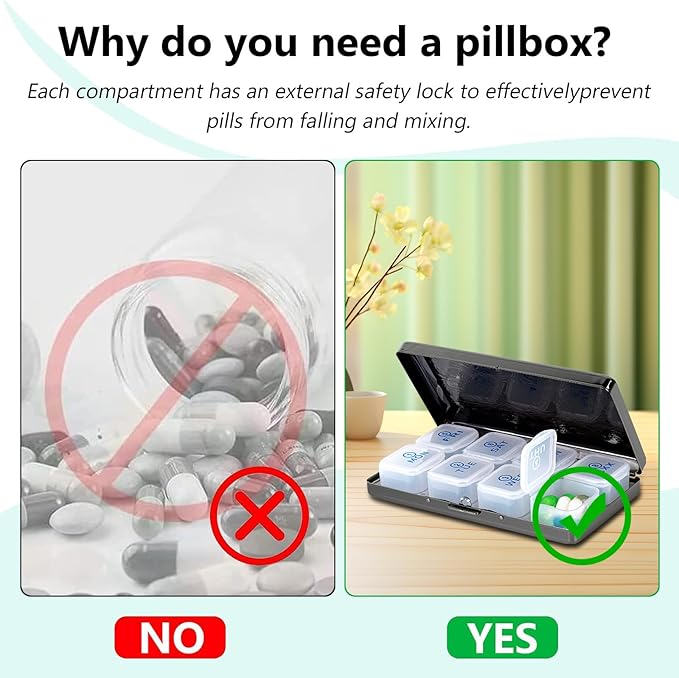 Pill Organizer 7 Days 8 Compartments, Travel Metal Pill Box, BPA-Free Portable Pill Box (Pattern Black, Large)