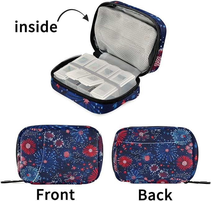 Flower 4th of July Travel Pill Organizer Case Box Container Weekly Portable Vitamin Medicine Holder Storage Bag with Zipper Removable