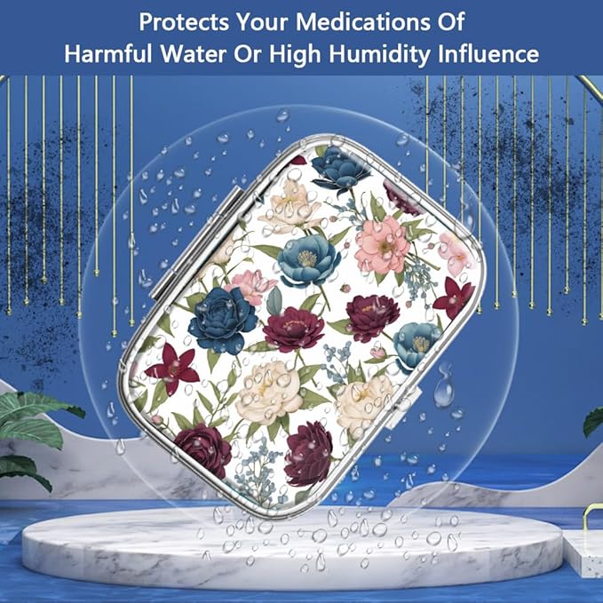 Pill Box 2 Compartment Small Pill Case,Portable for Pocket or Purse Pill Organizer Pill Container Holder to Hold Vitamins, Medication, Fish Oil and Supplements(Garden Flowers)