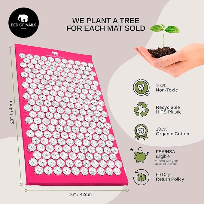 BED OF NAILS The Original Premium Acupressure Mat, 8,820 Acupuncture Pressure Points for Back Pain Relief, Increased Energy, Relaxation, FSA/HSA Eligible, with Drawstring Bag, 29 x 16 x 1, Pink
