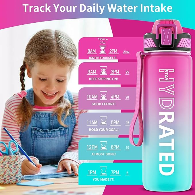 Water Bottle with Straw, 27oz Motivational Water Bottles with Time Marker to Drink, Tritan BPA Free, 750ml Sports Water Bottle with Carry Strap LeakProof for School Fitness Outdoor (1Pack)