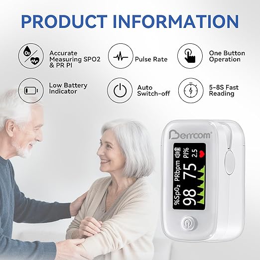 Berrcom Fingertip Pulse Oximeter with LED Display & Multi-Parameter Tracking (SpO2, PR, PI), Fast & Accurate Blood Oxygen Monitor, Includes Batteries & Lanyard (White)