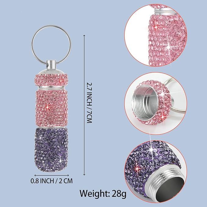 Bling Pill Case Portable Travel Pill Container Bottle Rhinestone Waterproof Small Pill Holder with Keychain Cute Mini Pill Storage Box for Outdoor Camping Case (Pink-Purple)