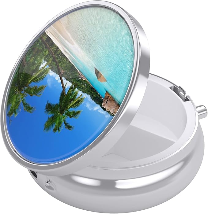 Nipichsha Pill Box, Small Pill Case for Purse & Pocket, Cute Travel Medicine Organizer, Portable Medicine Container Holder to Hold Vitamins, Medication, Fish Oil & Supplements, Happy Beach