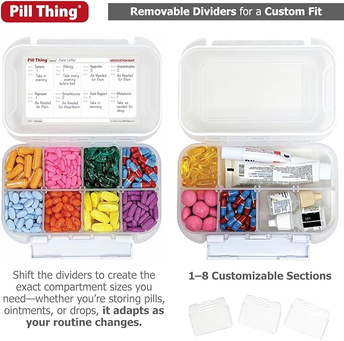Large Pill Organizer, 8 Compartment Big Pillbox for Travel, Airtight Design, Easy Travel Medication Management, Adjustable Dividers, Gasket Waterproof Med Box with Medication Map (Clear - 1 Pack)
