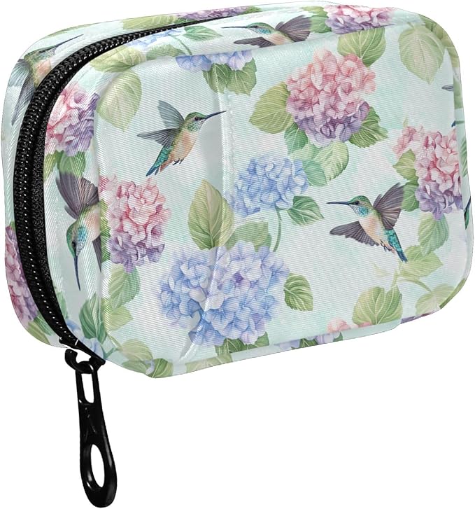 Fustylead Cute Hummingbirds and Hydrangea Floral Pill Organizer for Purse, Weekly Portable Pill Box with Zipper to Storage Vitamins Fish Oils Medications Supplements