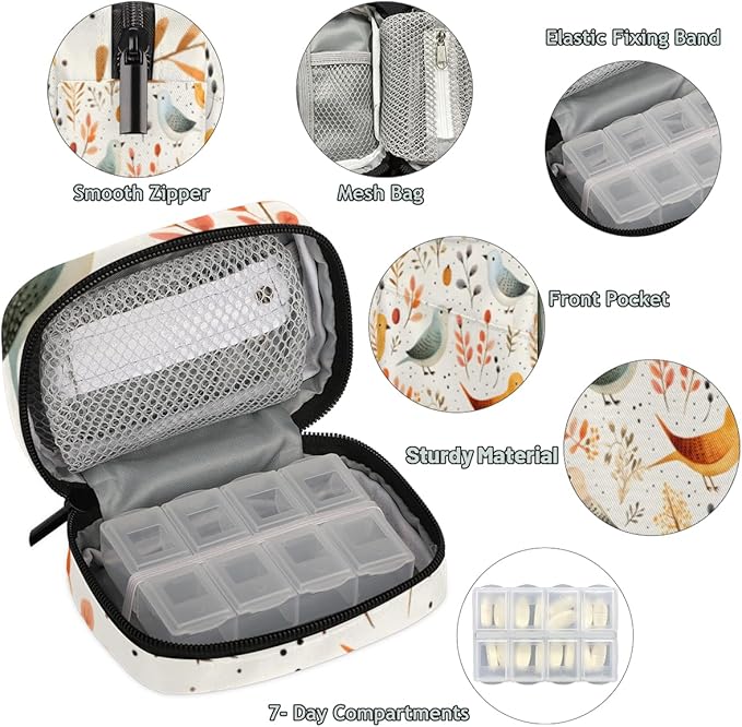 Cute Bird Print Travel Pill Organizer Bag Portable Weekly Pill Box Travel Medicine Organizer 7 Day Pill Case with Zipper for Daily Travel Family Business