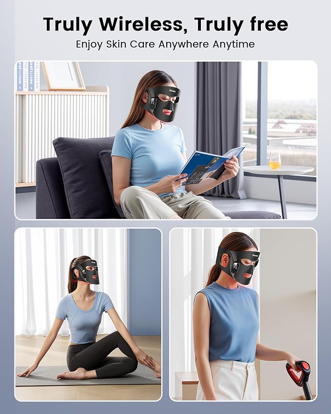 Red Light Therapy for Face Wireless with 400 Leds, 360° Led Face Mask Light Therapy with 4 Modes & Near-Infrared, 2000mAh Rechargeable Led Face Mask with Eye Protection for Anti-Aging & Radiant Glow