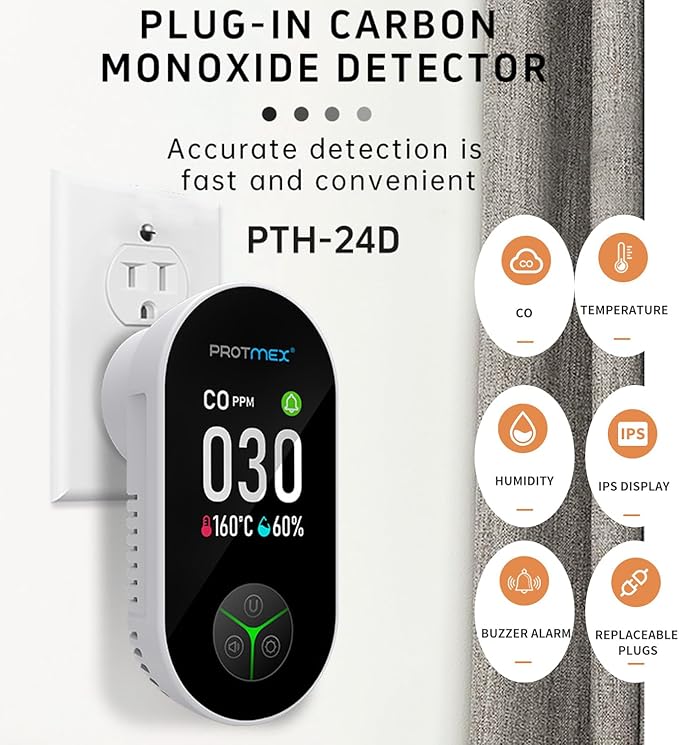 Protmex Carbon Monoxide Detector Plug in Wall, 3-in-1 Co Detector Monitor Air Quality with Temperature Humidity Sensor, Portable CO Meter Easy to Read & Install
