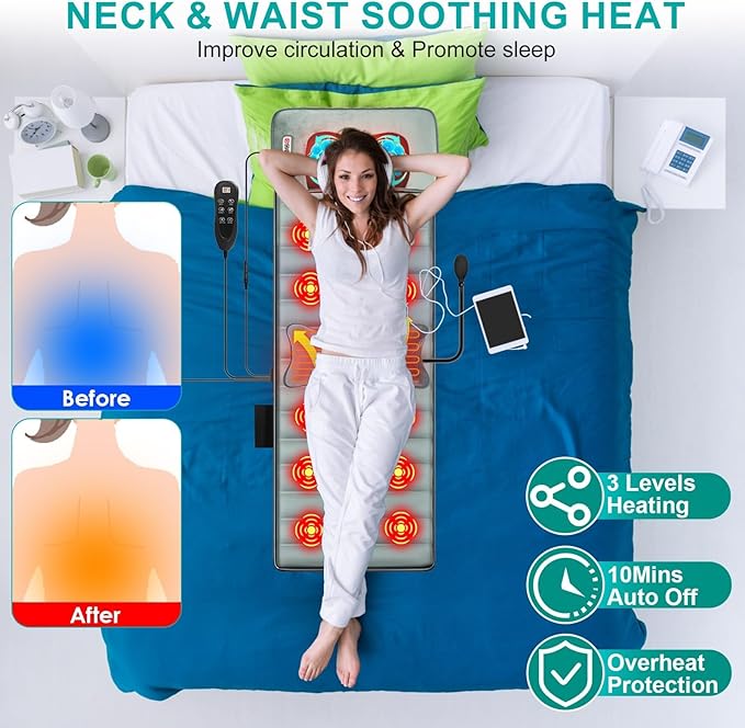 Full Body Massage Mat with Heat & Movable Shiatsu Neck Back Massager Pillow,Massage Pad with Back Lumbar Support,9 Massage Modes,10 Vibration Motors & 3 Heating Levels,for Neck Leg Pain Relief