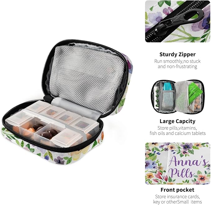Custom Pill Box 7 Day Pill Case Bag Watercolor Spring Flowers Personalized Name Travel Pill Organizer Bag with Zipper Portable Weekly Case Compact Size for Vitamin Supplement Holder