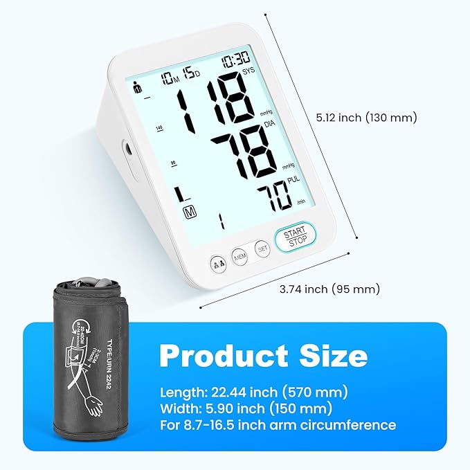 Blood Pressure Monitor Upper Arm BP Machine for Home Use Accurate Large Adjustable 8.7"-16.5" Cuff LCD Backlit Display with Carrying Bag, White