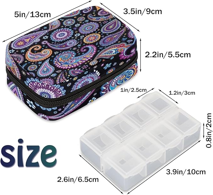 Abstract Trippy Paisley Travel Pill Organizer Box Weekly Portable Pill Case Daily Pills 7 Day Small Birth Control Pills Container Removable Compartments for Medicine Vitamins Fish Oil