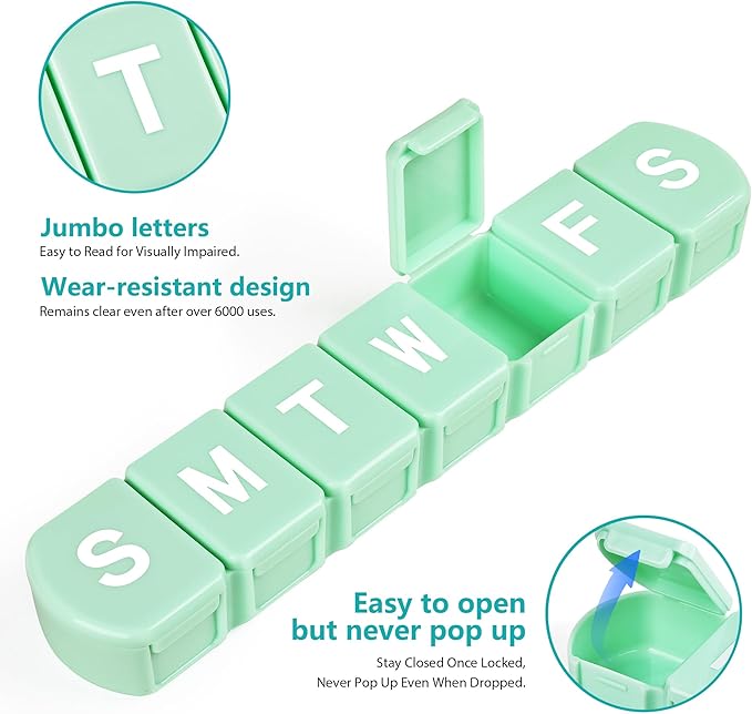 Extra Large Weekly Pill Box Organizer 7 Day, MOLN HYMY 1 Week Jumbo Pill Dispenser Case One Time a Day, Daily Med Container to Hold Vitamin and Supplement (Green)