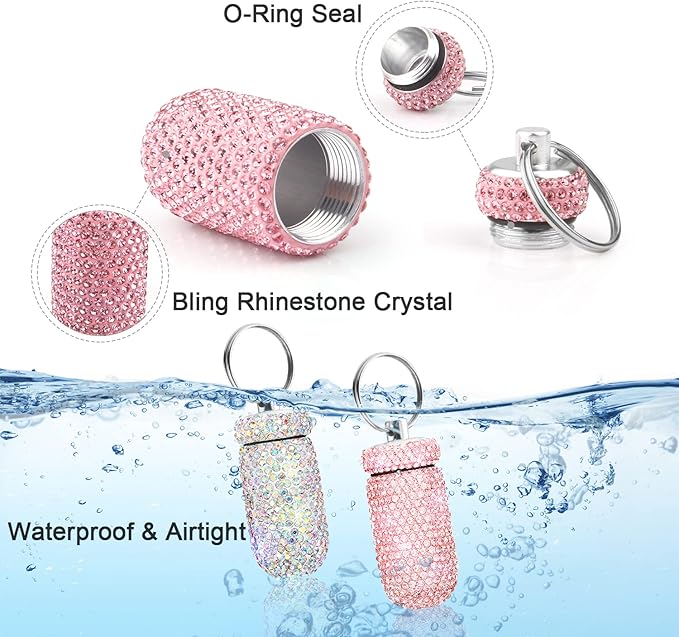 2 Pack Portable Pill Case Bling Rhinestone Pill Container Box Waterproof Medication Holder Organizer Bottle with Keychain for Outdoor Camping Travel Purse Pocket