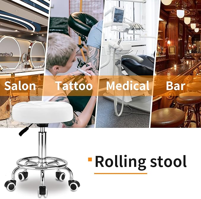 Rolling Stool PU Leather Round - Ultra Soft Padded Seat Cushion Stool with Wheels with Footrest, Weight Capacity 300lb,Adjustable Height Stool for Tattoo Massage Salon Medical Spa Center (White)