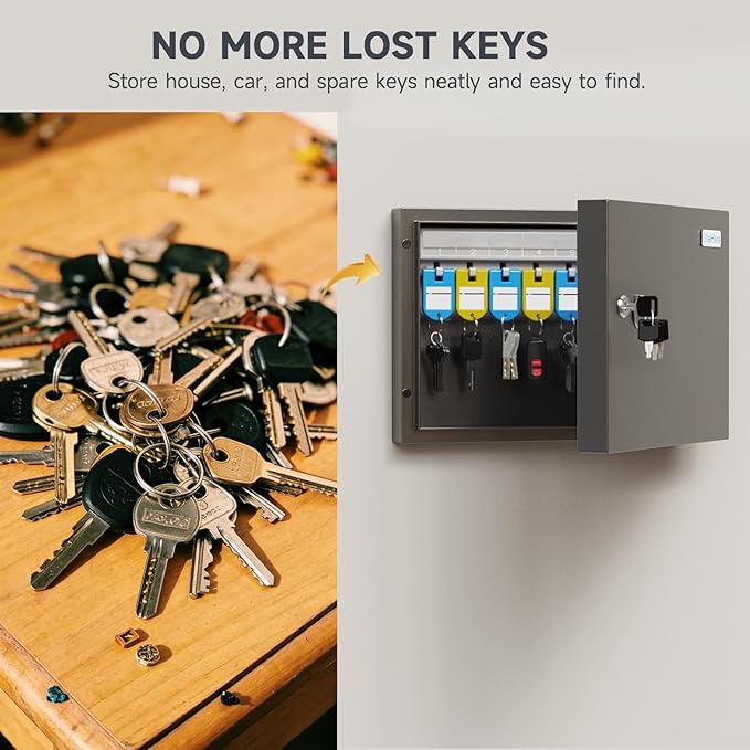 16 Key Lock Box – Wall Mounted Key Cabinet with Magnetic Door & Key Tags, Steel Lockable Key Organizer for Home, Garage & Small Office