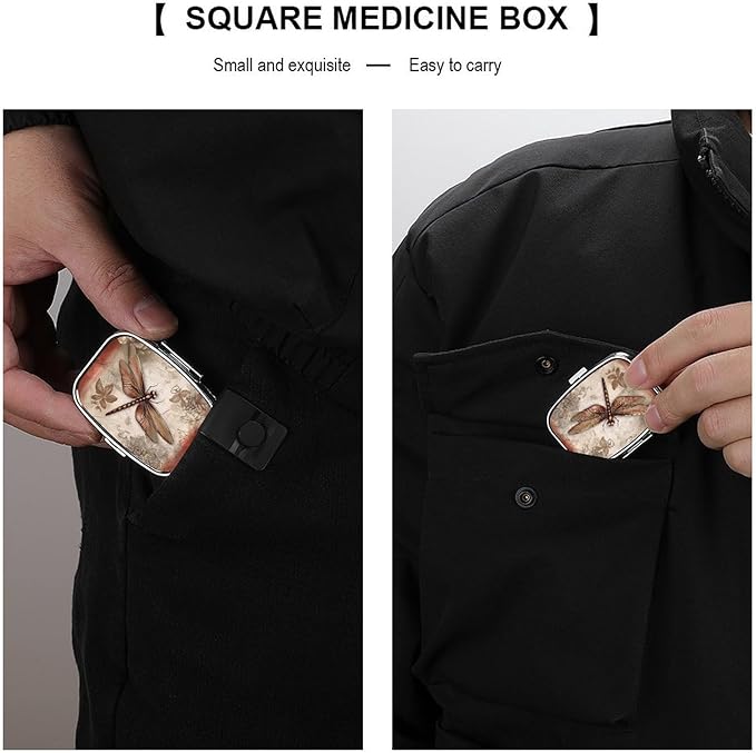 Dragonfly Bee Pill Box 2 Compartment Square Pill Case with Mirror Metal Pill Organizer Travel Pillbox Mini Medicine Storage Box for Pocket Purse