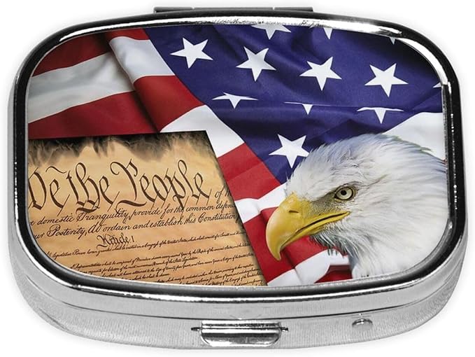 Pill Box 2 Compartment Medicine Pill Case,Portable Medicine Tablet Vitamin Holder Organizer for Purse Pocket Travel Gifts(1 Pack,American Flag Patriotic USA Bald Eagle and Book)
