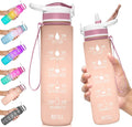 NatureWorks HydroMATE 32 oz Water Bottle with Time Markings Hourly BPA Free Reusable Leak Proof with Straw and Carrying Strap 1 Liter