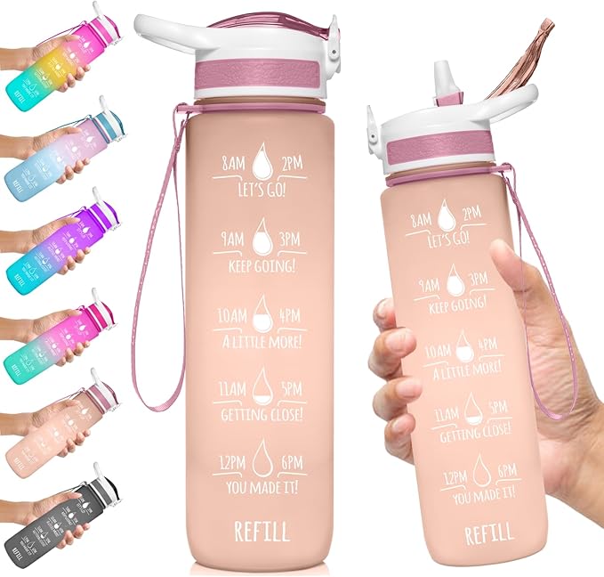 NatureWorks HydroMATE 32 oz Water Bottle with Time Markings Hourly BPA Free Reusable Leak Proof with Straw and Carrying Strap 1 Liter