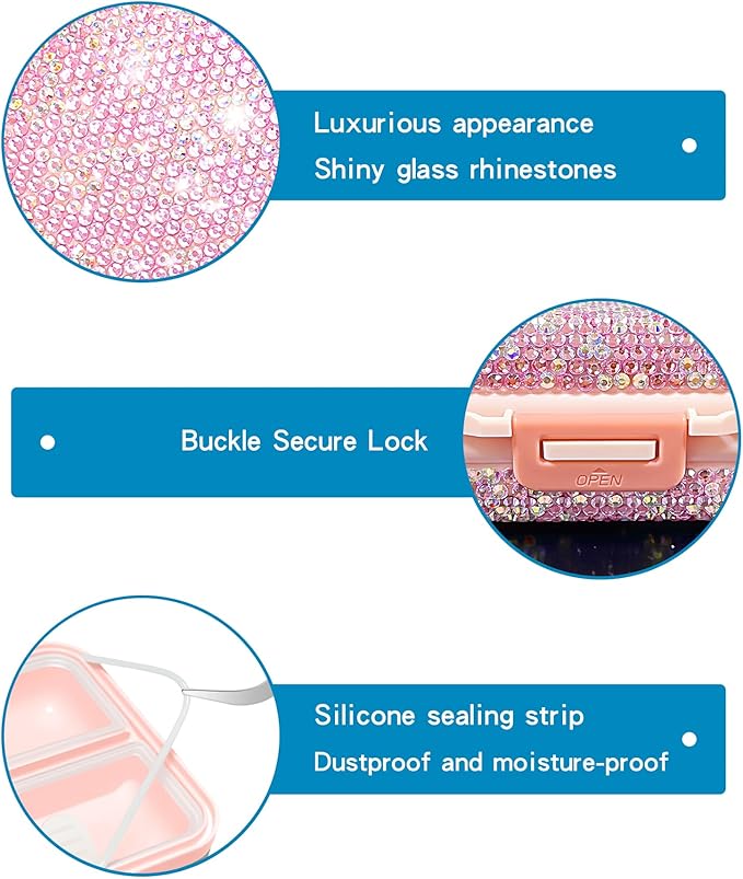 Yivaiks Bling Travel Pill Organizer Crystal Rhinestone 8 Compartments Portable Pill Case Daily Pill Box to Hold Vitamins Small Pill Container for Pocket Purse Medicine Organizer(Pink)