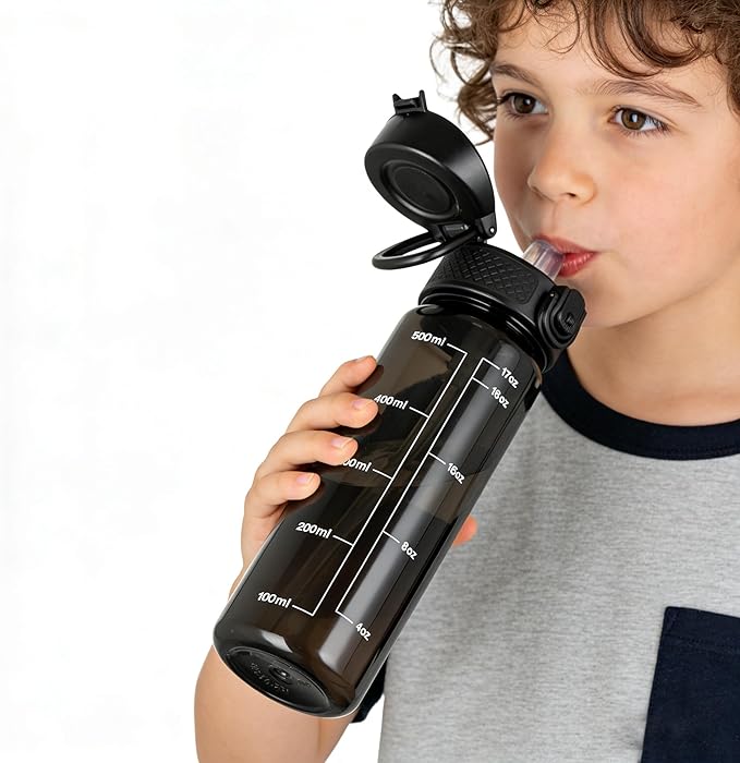 GOPPUS 17oz Kids Water Bottle for School -Straw, Leak-Proof Tritan Sports Bottle Time Marker Reusable for Girls Boys