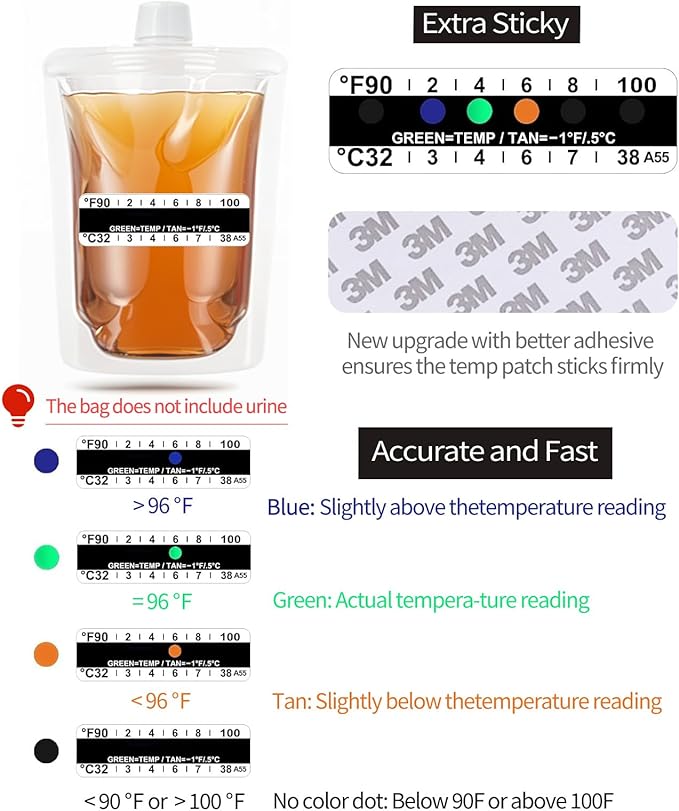 15 Pcs Urine Test Complete Kit Includes 3 Transparent Leakproof Bags,10 Adhesive Temperature Test Strips,59" Adjustable Leg Straps,Filling Funnel,Portable Travel Urine Test Bag