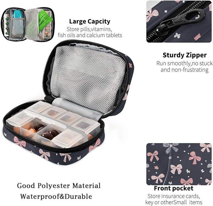Fustylead Cute Hand Draw Bow Travel Pill Organizer Bag with Zipper Small Pill Box 7 Day Pill Case for Purse Storage Weekly Vitamin Medicine Supplement