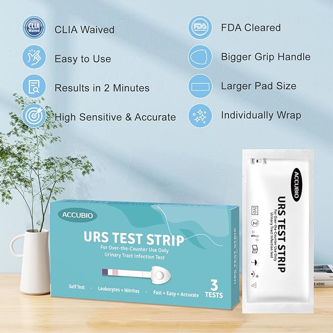 UTI Test Strips, Urinary Tract Infection Testing Kit, Home Rapid Detection for Leukocytes and Nitrite, at Home UTI Testing, Clean Grip Handle, UTI Test Kit Individually Wrapped, 3 Strips