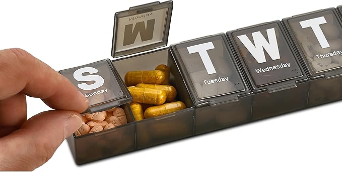 Weekly Pill Organizer - Extra Large with Easy to Read Jumbo Letters Vitamin Container, BPA Free - Daily Travel 7 Day Medication Pill Box Case, (Black, Case of 100)