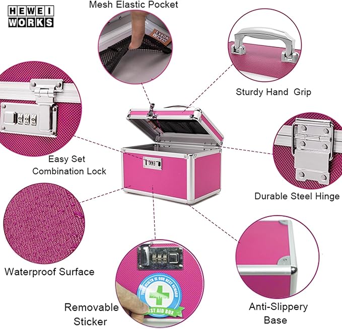 Combination Locking Medication Box with Portable Storage Case, 10.2''x 6.8''x 6.8'', Childproof Medicine Lock Organizer, Lockable Box for Documents & Valuables (Pink/Small)