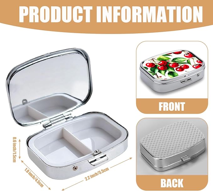 Pill Box-2 Compartment Small Pill Case Square Organizer Case with Mirror Portable Metal Medicine Box Travel Container for Pocket & Purse Women Men(Cherry)