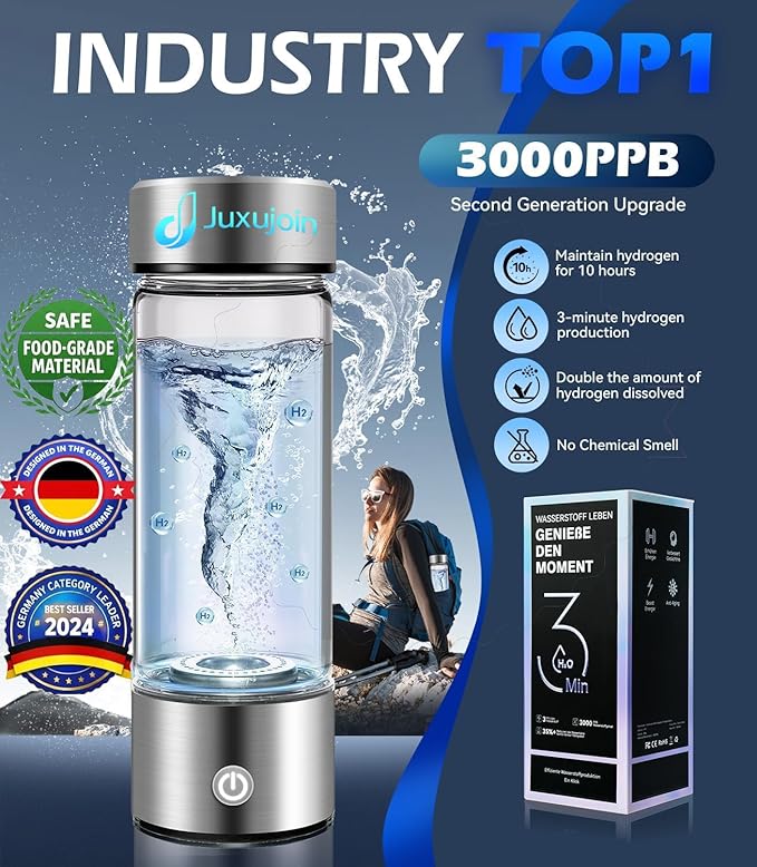 New Upgrade Hydrogen Water Bottle Generator【Industry TOP - 24-Hour Hydrogen Lock】【NO.1 Double Hydrogen Content】| 0 Chlorine & 0 Ozone | 100% Leak-Proof Seal, Sports Hydrogen Water Bottle