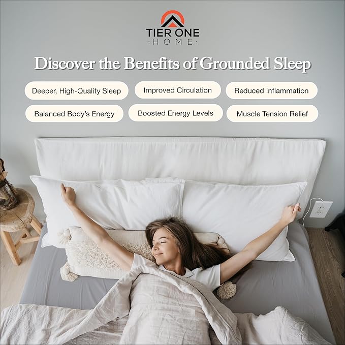Fitted Grounding Sheets for Earthing, 5% Silver Fiber + 95% Certified Organic Cotton for Better Sleep and Pain Relief. Deep Pockets. Includes Grounding Wristband & Cords (Queen)