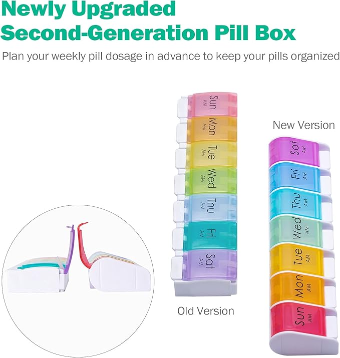 Weekly Pill Organizer 1 Time a Day - 7 Day Pill Box, Pill Holder with Easy Open Button, Daily Pill Cases Organizer, BPA Free Pill Container for Vitamin, Fish Oil (Multi-Color, 2-Pack)