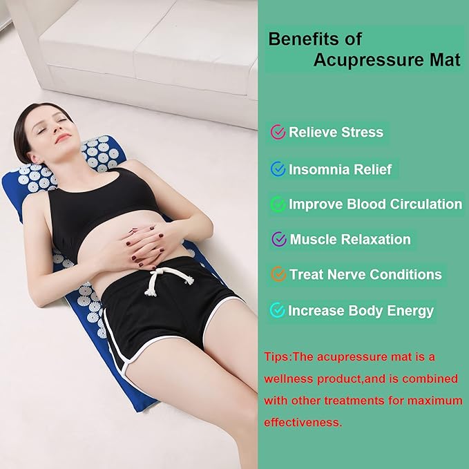 XiaoMaGe Acupressure Mat and Pillow Set with Bag - Large Size 28.7 X 16.5 inch Acupuncture Mat for Neck & Back Pain Relief- Naturally Relaxation Gift for Women - Stress Relief Massage Mat (Blue)
