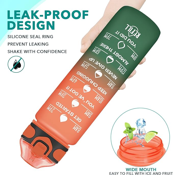 Enerbone 32 oz Drinking Water Bottle with Times to Drink and Straw, Motivational with Carrying Strap, Leakproof BPA & Toxic Free, Ensure You Drink Enough Water for Fitness Gym Outdoor
